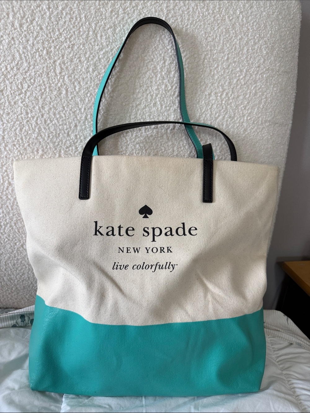kate spade Cream and Teal Colorblock Tote with Black Handles